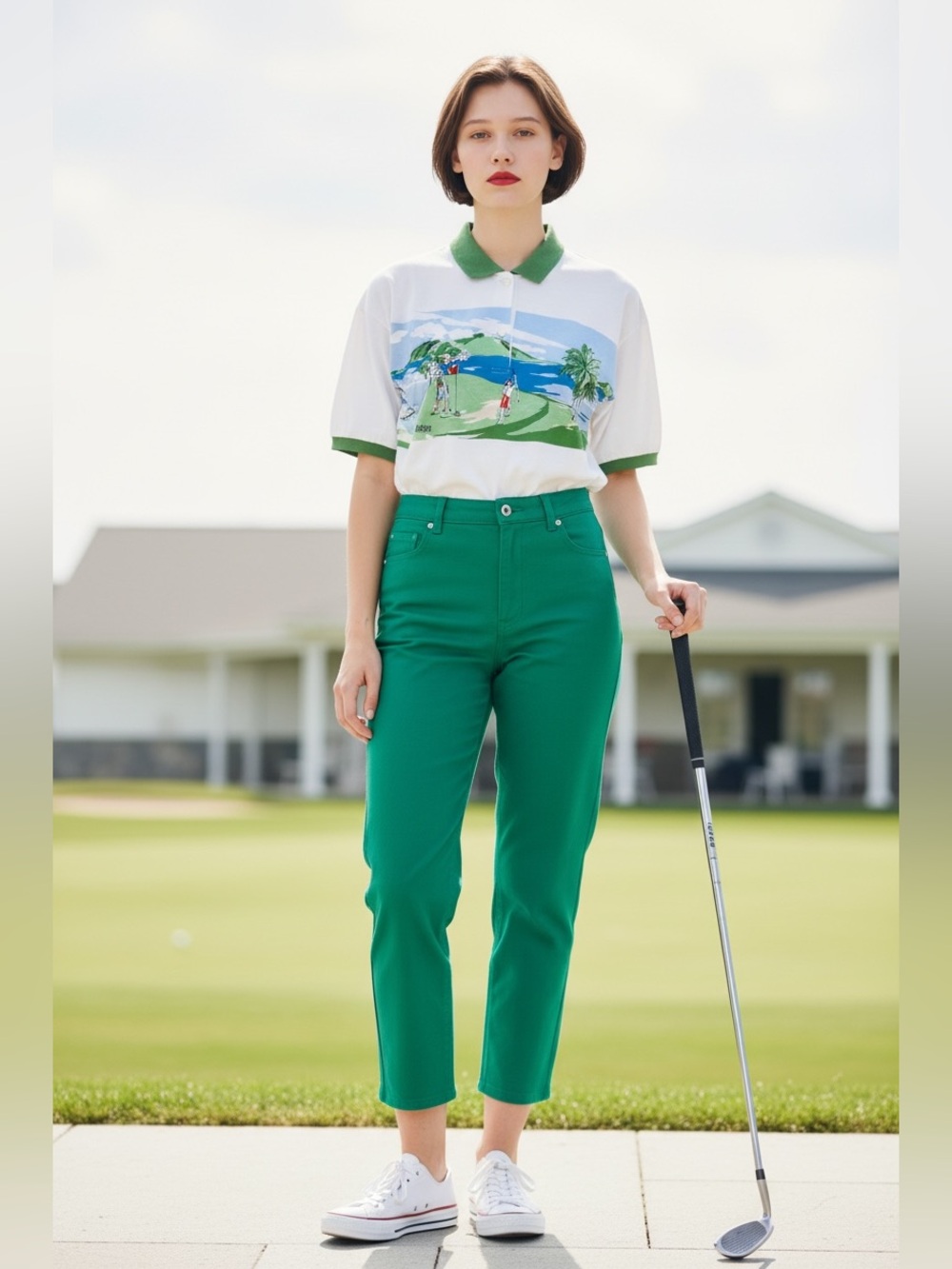 Burberry’s Vintage White Polo with Green Golf Scene and Green Trim
